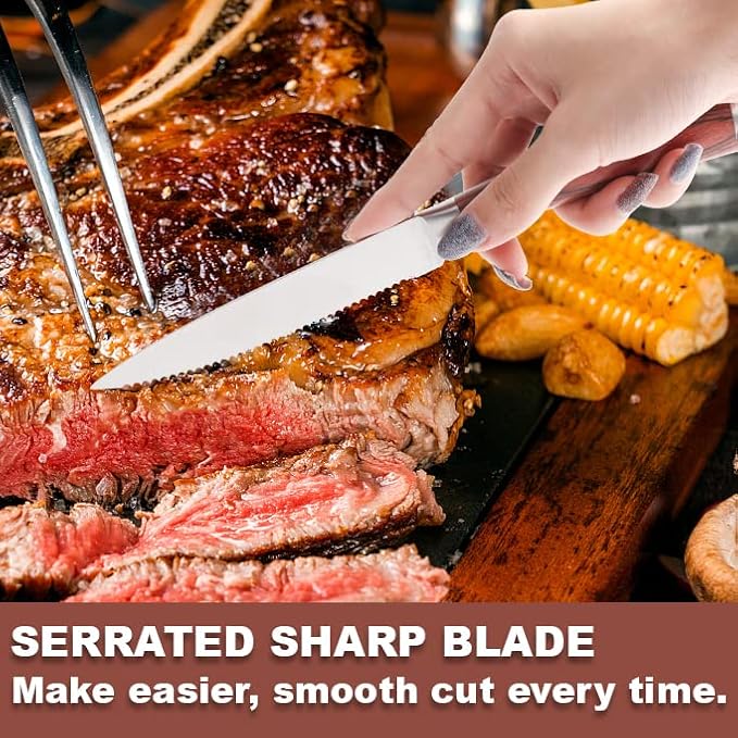 Serrated Steak Knives Set of 8, Stainless Steel Steak Knife Set with Pakkawood Handle, Fine Sharp Edge Dinner Knife with Gift Box, Steak Cutlery Set for Home Party