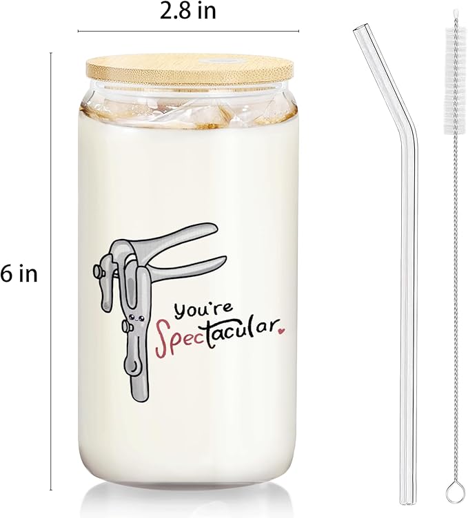 Midwife Doctor Nurse Gifts Iced Coffee Glass Cup, You're Spec-Tacular Glass Cup with Lids and Straws 14oz, Midwife Thank You Gifts Coffee Tumbler Drinking Jars with Cleaning Brush