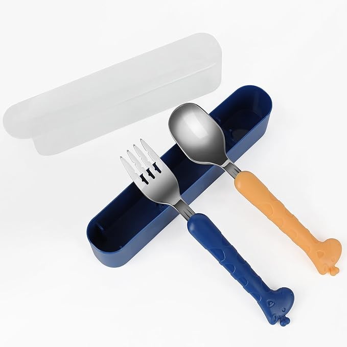 Stainless Steel Kid Silverware Set with Carrying Case, Safe Toddler Spoon and Fork Set for 1+, Ideal On-The-Go Toddler Utensil Set for School Lunch, Travel, & Outdoors, Dishwasher Safe(BLUE)