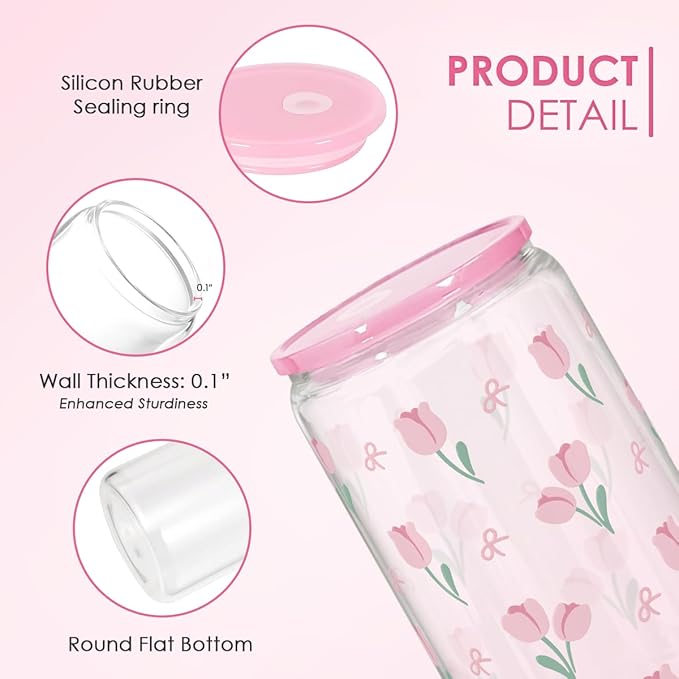 SANDJEST Floral Glass Can, Tulip Iced Coffee Aesthetic Cup, Gift for Christmas Birthday, Gifts for Women Girls, 16oz