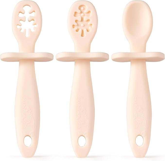 Growing Love Baby Spoons Set, Self Feeding 6 months, Pre-Spoon, Baby utensils, Toddler spoon, training spoon, cuchara bebe, blw, 100% silicone, Anti choke shield (vanilla)