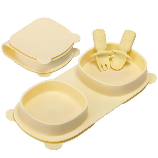 Silicone Foldable Novelty Dinner Plates,Suction Plates for Baby Travel Essential with Forks and Spoons,Microwave & Dishwasher Safe,Yellow