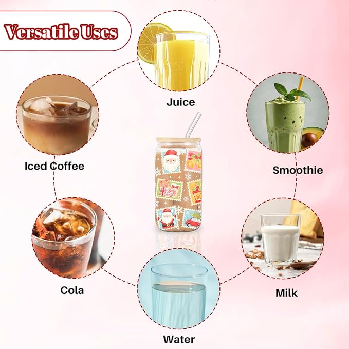 Christmas Gift Stamp Iced Coffee Cup, Aesthetic Glass Tumbler, 16 oz Santa Coffee Glass Cup with Lid Straw, Christmas Stocking Stuffers, Gifts for Women Teen Girls