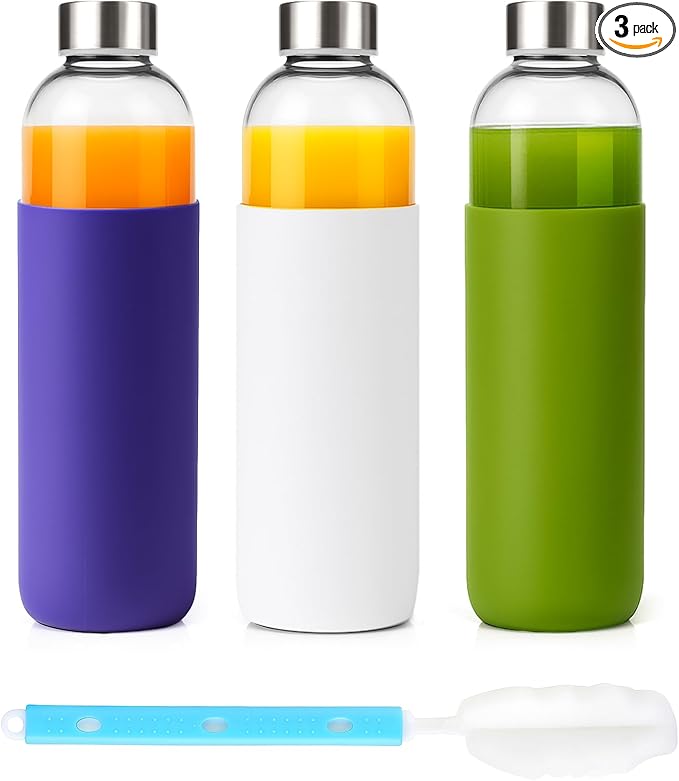 32 oz Glass Water Bottles with Lids and Silicone Sleeve, Reusable Juice Bottles with Stainless Steel Leak Proof Cap, Beverage Storage Containers for Juicing & Water, BPA Free Set of 3