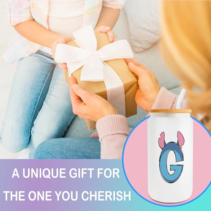 Cute Cartoon Lover Gifts Initial A-Z Personalized Iced Coffee Cup Cartoon Merch 16oz Glass Cup with Lid and Straws Birthday Christmas Gifts for Women Teen Girls Fans (Letter G)