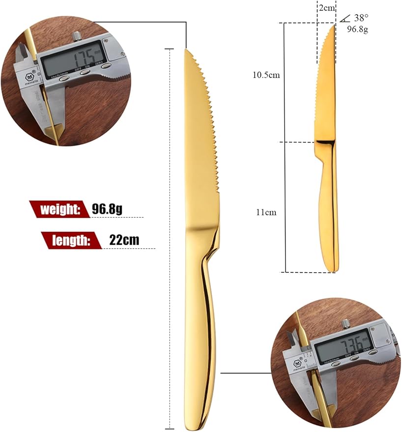 Buyer Star Steak Knife Set, 4-Piece Serrated Steak Cutlery Steak Knife, Gold Stainless Steel Steak Cutlery Knife for Home, Restaurant, Hotel, 22cm