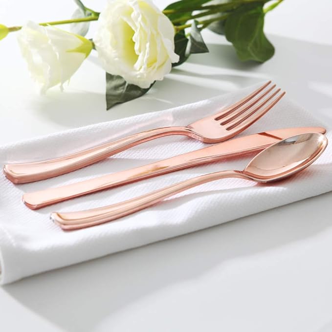WDF 300 Pieces Rose Gold Plastic Silverware- Disposable Flatware Set - Heavy Duty Plastic Cutlery Includes 100 Forks, 100 Spoons, 100 Knives Perfect for Valentines day, Wedding, Party
