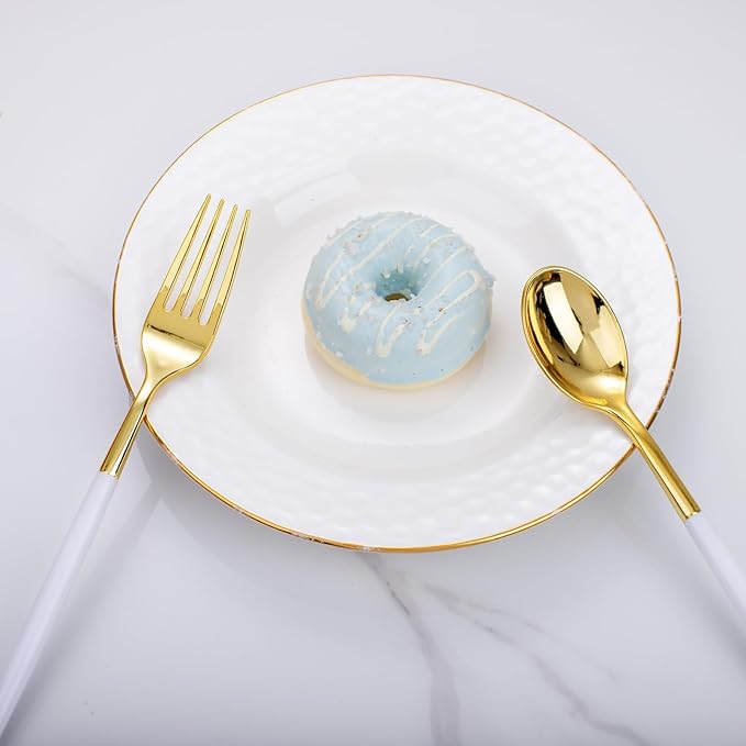 I00000 120 Pcs Disposable Dinnerware - Gold Plastic Utensils Set with White Handle, Include 60 Forks, 60 Spoons for Dinner Wedding Party