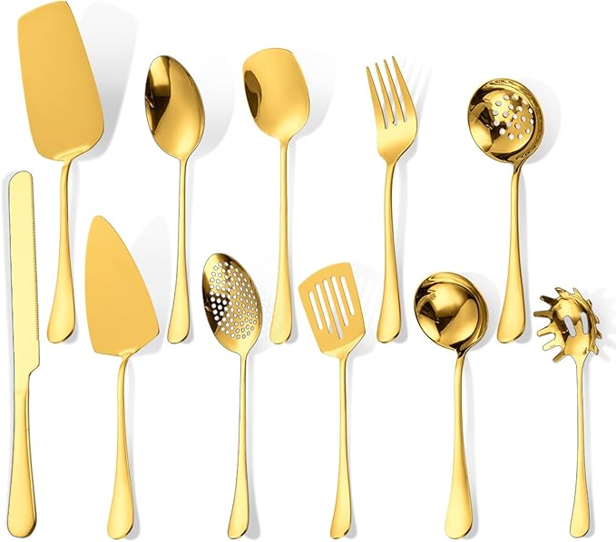 HOUSEWARE Gold Catering Utensils Set,11 Pieces Stainless Steel Flatware Serving Set for Buffet Party include Cake Knife Cutter Large Fork Spoon ladle Skimmer Spatula Turner Server