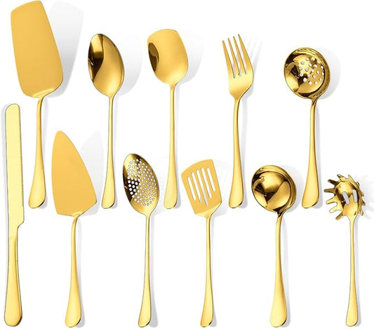 HOUSEWARE Gold Catering Utensils Set,11 Pieces Stainless Steel Flatware Serving Set for Buffet Party include Cake Knife Cutter Large Fork Spoon ladle Skimmer Spatula Turner Server