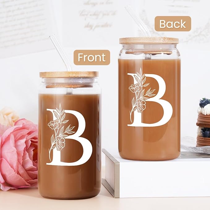 SANDJEST Monogrammed Gifts for Women - Monogram B Initial Glass Cup 16 Oz Can Coffee Cups with Lid and Straw - Monogram Initials Gifts for Womens on Birthday