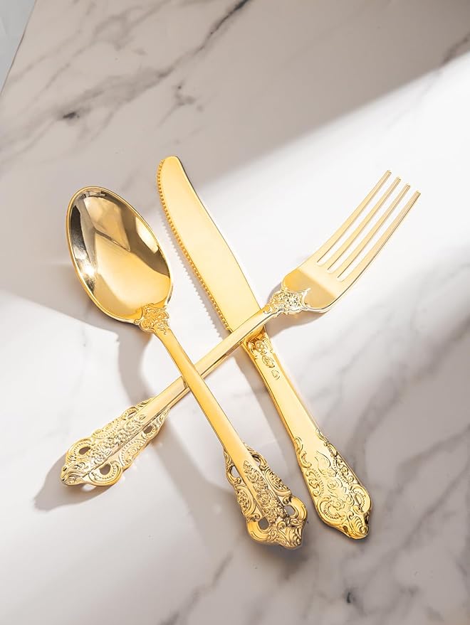 bUCLA HEAVYWEIGHT 150PCS Gold Plastic Silverware Disposable - Extra Heavy Duty Plastic Cutlery - Gold Disposable Utensils Set - Include 50 Knives, 50 Forks,50 Spoons for Party & Special Moments