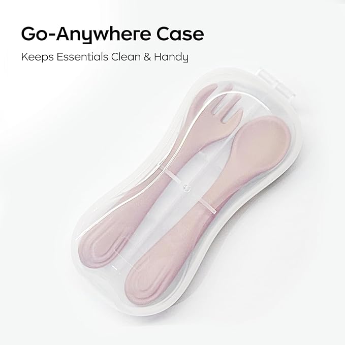 Bc Babycare Portable 4 Pack Baby & Toddler Self Feeding Fork and Spoon Set with Storage Case, BPA-Free Silicone Utensils for Boys and Girls, Safe & Easy to Carry, Green & Pink
