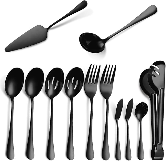 12 Pieces Black Serving Utensils, Stainless Steel Fine Vintage Serving Utensils with Serving Spoons Kitchen Mixing for Cake Server,Soup Ladle,Butter,Stirring,Tongs Ect Decorate Wedding