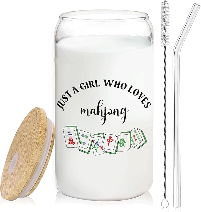 Mah Jong Lover Gifts Glass Cup with Lids and Straws 14oz, Gifts for Women Mahjong Players, Mahjong Accessories Glass Iced Coffee Tumbler Drinking Jars with Cleaning Brush