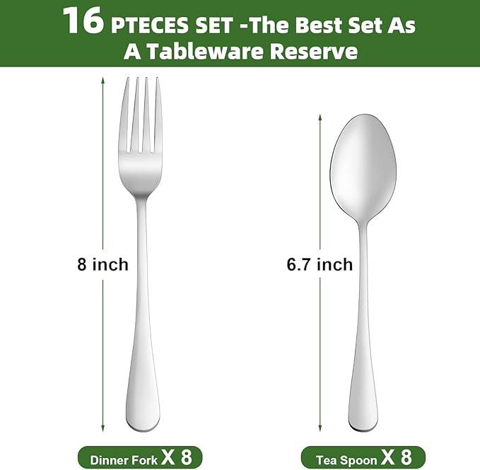 16 Pcs Forks and Spoons Silverware Set, Food Grade Stainless Steel Flatware Cutlery Set for Home, Kitchen and Restaurant, 8 Dinner Fork(8") and 8 Teaspoon(6.7"), Mirror Polished, Dishwasher Safe