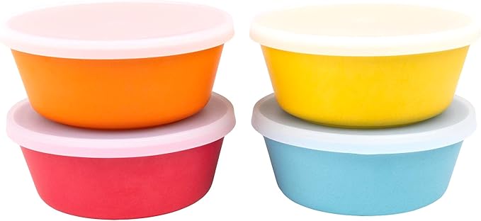 WeeSprout Bamboo Kids Bowls with Lids, Set of Four 10 oz Kid-Sized Dinnerware, Cereal, Leftovers & Snack Bowl, Dishwasher Safe (Blue, Yellow, Orange, & Red)