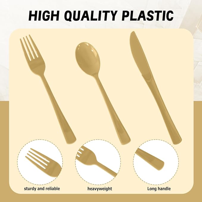 300 Pack Disposable Plastic Silverware, Heavy Duty Gold Plastic Cutlery Set Includes 100 Forks 100 Knives 100 Spoons for Birthday Wedding Party Picnics (300, Gold)