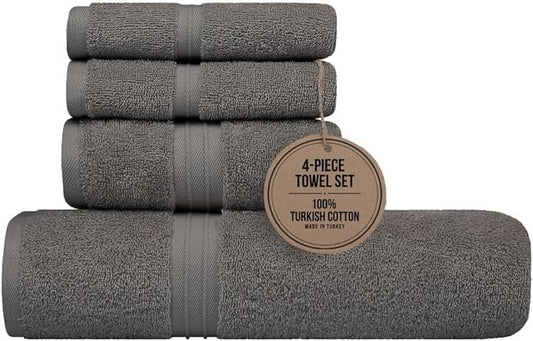 Bathroom Towel Sets of 4 - Thick & Soft 100% Cotton, Fluffy and Absorbent - Includes 1 Bath Towel (28" x 56"), 1 Hand Towel for Bathroom (16"x28") and 2 Wash Cloths (12"x12") - Gray