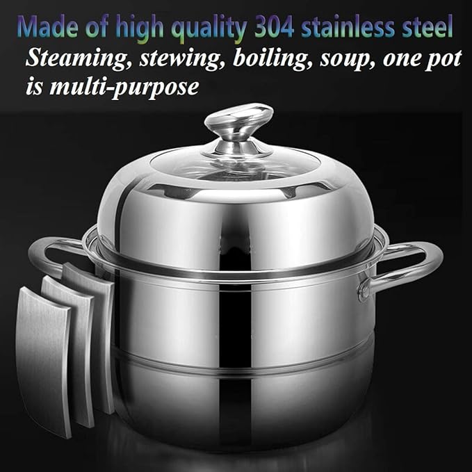 Stainless Steel Steamer Pot Thick-bottomed, 3 Tier Food Steamer for Cooking, Large Metal Steam Cooker, Work for Induction and Stove, Suitable for Tamale, Vegetable, Dumpling and Seafood