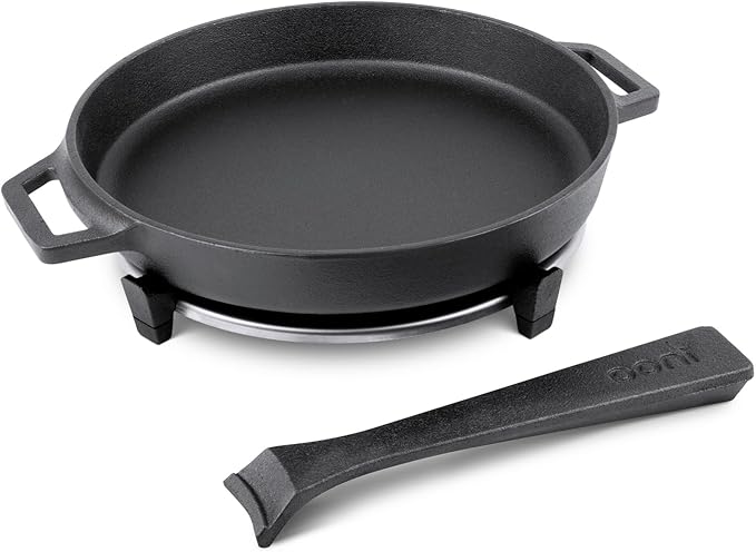 ooni Cast Iron Skillet Pan - 9" Round Fyring Skillet Pan with Removable Handle and Sainless Steel Trivet, Cast Iron Frying Pan, Pre-Seasoned Non-Stick Oven Safe Cookware, Pizza Oven & BBQ Accessories