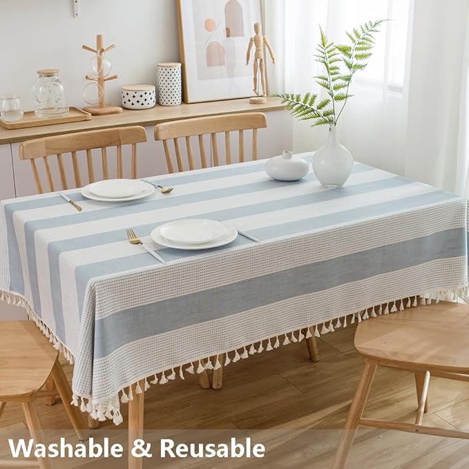 TruDelve Navy Blue and White Striped Rectangle Tablecloth Boho Cotton Cloth Tablecloths for 6 Foot Rectangle Tables (86"x55", Blue)