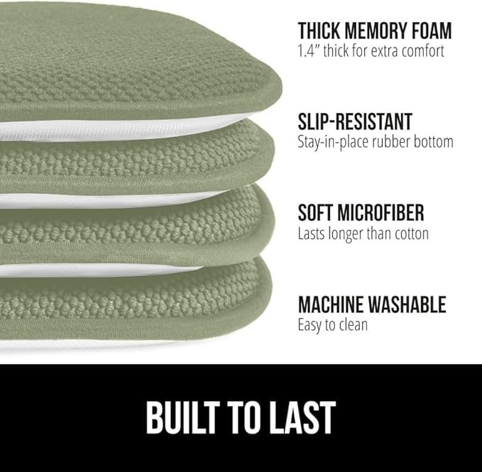 GORILLA GRIP Slip Resistant Chair Cushions, No Ties Required, Memory Foam Pads for Dining Room, Kitchen Table, Office, Rocking Chairs, Plush Seat Cover Cushion Pad, Home Decor, Set of 4, 16x16, Sage
