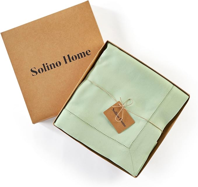 Solino Home Linen Tablecloth for Rectangle Tables 60 x 120 Inch - Classic Hemstitch 100% Pure Linen Light Green Table Cloth - Machine Washable Cloth Tablecloth