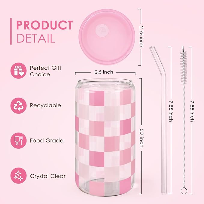 Checker 16 Oz Can Glass Tumbler with Acrylic Lid and Straw - Iced Coffee Cups for Women, Aesthetic Glass Cup Gift for Birthday Christmas