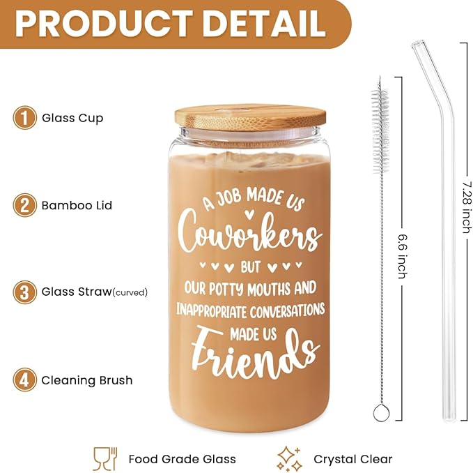 SANDJEST Coworker Gift for Women - 16oz Can Glass Coffee Cup - Funny Work Bestie Gift - Farewell Going Away Present for Female Colleagues and Friends