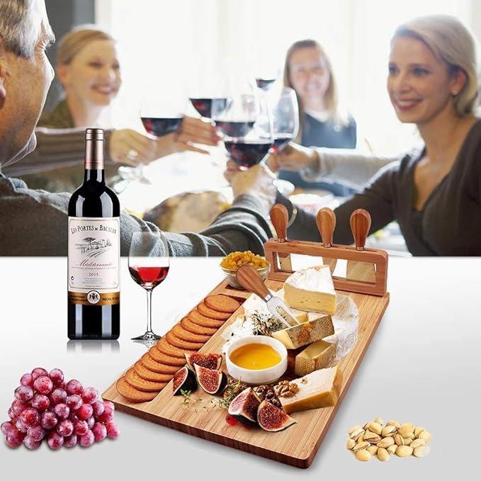 Bamboo Cheese Board Meat Charcuterie Platter Serving Tray W/ 4 Tableware Stainless Steel Knife, Home Kitchen Food Server Plate Cutter Cutlery Tool, Entertain Family Friend Guest as a Gift (14''x11'')
