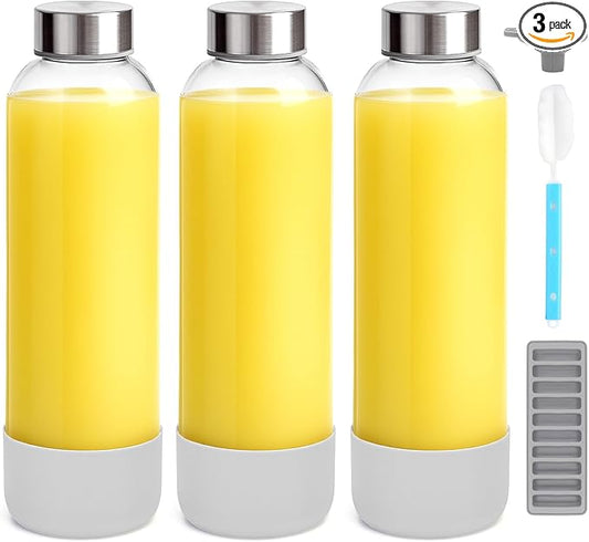 Zukro 32 oz Glass Juice Bottles With Lids, 3 Pack Large Clear Glass Bottle with Airtight Stainless Steel Lids For Juicing, Water, Homemade Drinks, Non-slip Silicone Base, Leak Proof & BPA Free