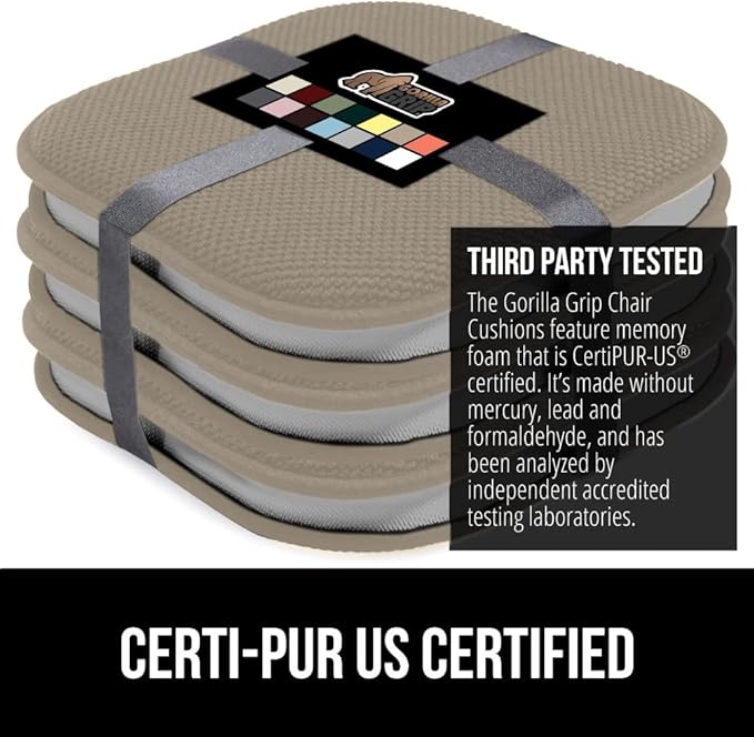 GORILLA GRIP Slip Resistant Chair Cushions, No Ties Required, Set of 6 Memory Foam Pads for Dining Room, Kitchen Table, Office, Rocking Chairs, Plush Seat Cover Cushion Pad, Home Decor, 16x16, Beige