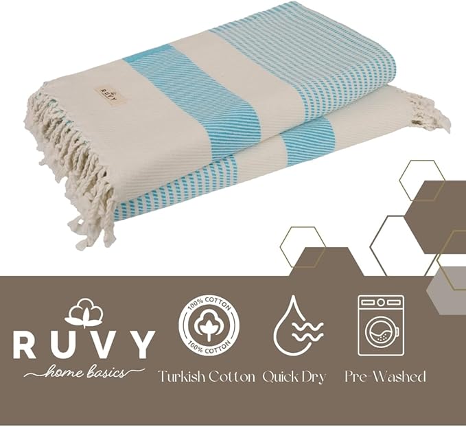 Ruvy Home Basics 2 Pack Turkish Beach Towels – Oversized Quick-Dry Bath Towels (40 x 72 Inches) – 100% Cotton Large Towels for Pool, Yoga, Travel, Camping Essentials, and Bathroom Decor - Turquoise