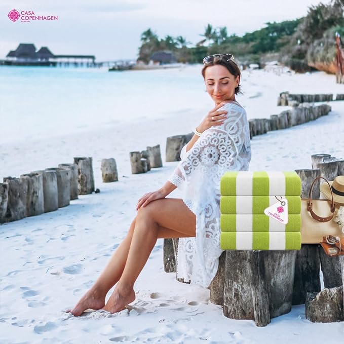 CASA COPENHAGEN Cabana Beach Designed in Denmark Rough and Tough, Quick Dry, Pool, Bath & Shower 30x60 inches 4 Pieces Cotton Beach Bath Towels Set - Green