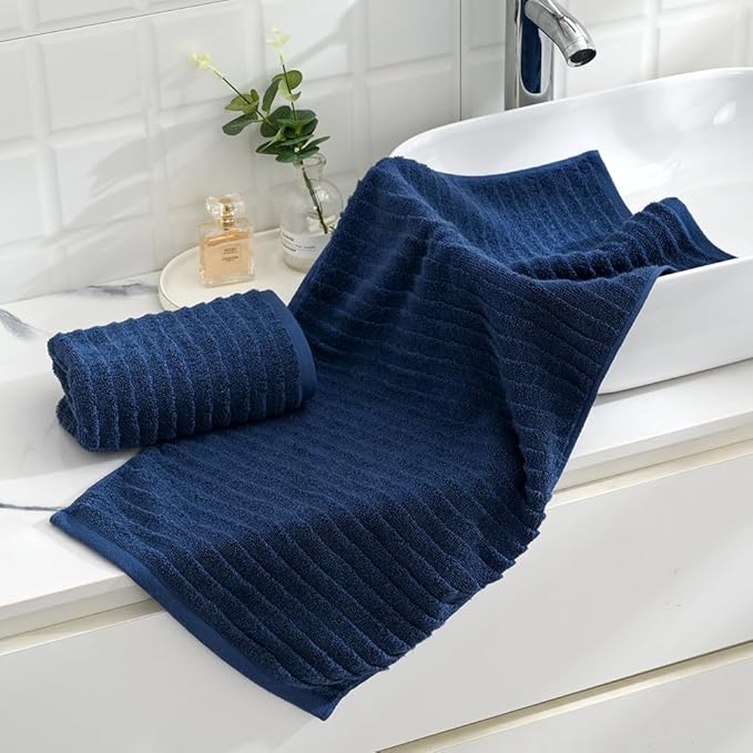 sense gnosis Navy Hand Towel Set of 2 Soft Stereoscopic Ladder Striped Design 100% Cotton Absorbent Luxury Decorative Towel for Bathroom 13 x 29 Inch