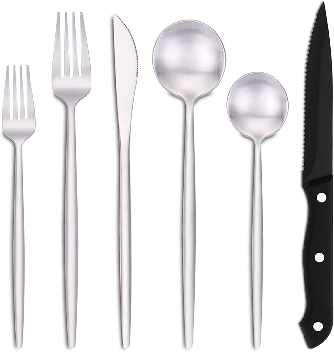 EUIRIO 48-Piece Matte Silverware Set with Steak Knives, Flatware Set for 8, Stainless Steel Forks and Spoons Silverware Sets, Satin Finish, Dishwasher Safe Cutlery Utensils Set