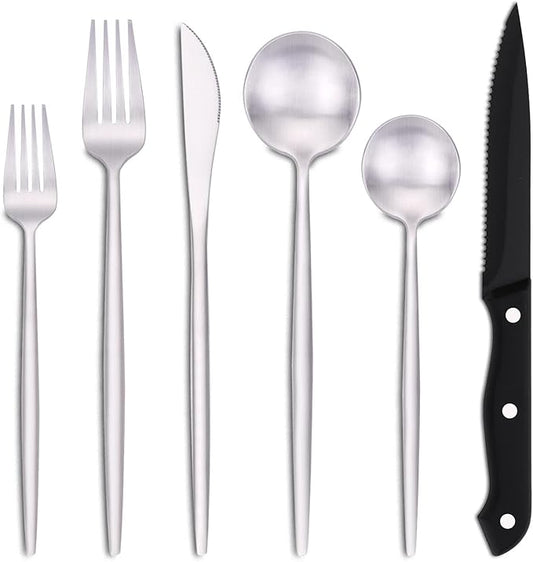 EUIRIO 48-Piece Matte Silverware Set with Steak Knives, Flatware Set for 8, Stainless Steel Forks and Spoons Silverware Sets, Satin Finish, Dishwasher Safe Cutlery Utensils Set