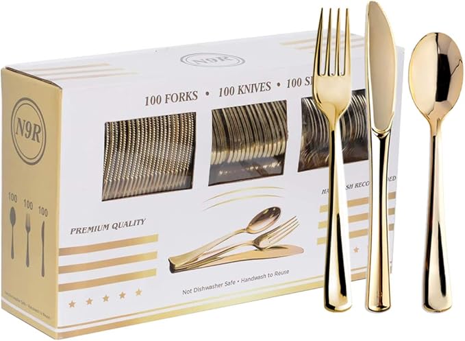 N9R 300PCS Gold Plastic Silverware, Heavy Duty Gold Plastic Cutlery Set Disposable Flatware Dinnerware, 100 Forks, 100 Spoons, 100 Knives, Perfect for Party, Wedding and Daily Use
