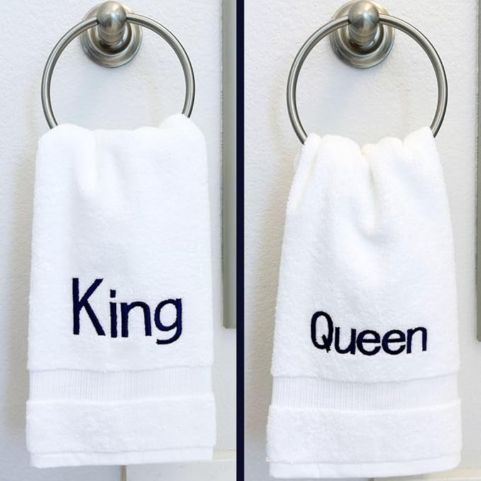 Navy Monogrammed Hand Towels for Bathroom - Luxury Hotel Quality Personalized Initial Decorative Embroidered Towel for Powder Room, Spa - GOTS Organic Certified - King and Queen