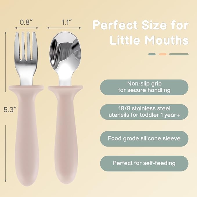 Toddler Spoons and Forks Set, 6 Pack Kids Silverware with Silicone Handle, BPA Free, 18/8 Stainless Steel Children Safe Toddler Utensils, Dishwasher Safe