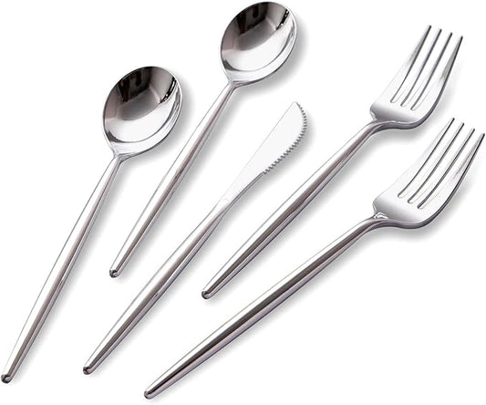 SUT 150Pcs Silver Plastic Silverware, Silver Disposable Cutlery, Heavy Duty Disposable Silverware, Plastic Utensils Include 50 Plastic Forks, 50 Plastic Spoons, 50 Plastic Knives