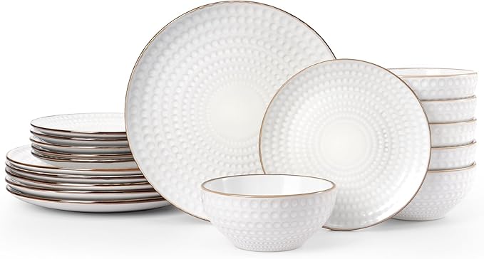 Famiware Eden Plates and Bowls Sets, Stoneware Dinnerware Sets with Gold Trim, 18 Pieces Dishes Set for 6 - Chip and Scratch Resistant, Microwave and Dishwasher Safe, White Circle