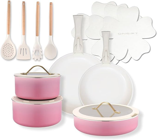 20pcs Ceramic Cookware Set Nonstick, Detachable Handle Pots and Pans Set, Non Toxic,No PFAS & PTFE & PFOA, Dishwasher/Oven Safe, RV Kitchen Set Removable Handle for Cooking, Pink