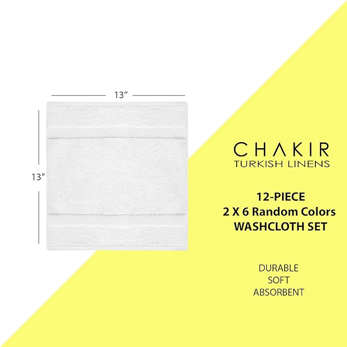 Chakir Turkish Linens Hotel & Spa Quality, Highly Absorbent 100% Cotton Turkish Washcloths (2 X 6 Random Colors - Set of 12)