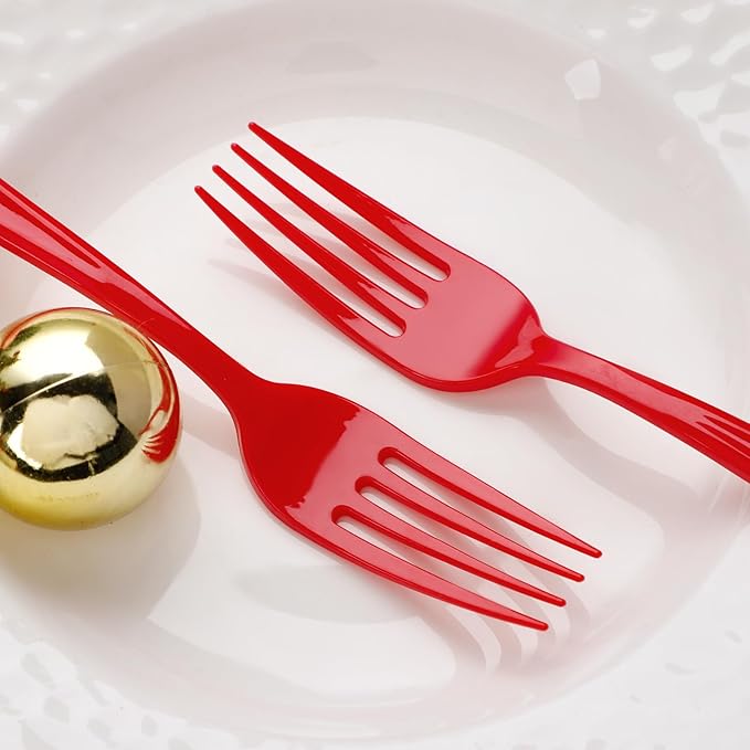 WDF 100 Pieces Red Christmas Forks - 7.4inch Heavy Duty Red Forks Disposable - Plastic Silverware for Dessert Cake - Plastic Cutlery for Christmas or Daily Using