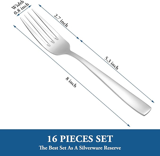 16 Piece Dinner Forks Set, Food Grade Extra-Fine Stainless Steel Dessert Salad Forks Silverware, Metal Forks for Home Kitchen Restaurant Hotel, 8 Inches, Mirror Finish & Dishwasher Safe