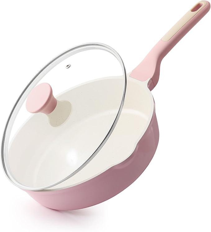 SENSARTE Nonstick Ceramic Skillet with Lid 10-inch, 3.5QT Non Toxic Deep Frying Pan, Saute Pan with Lid, Stay-cool Handle, Healthy Cooking Pot, Induction Compatible, Pink