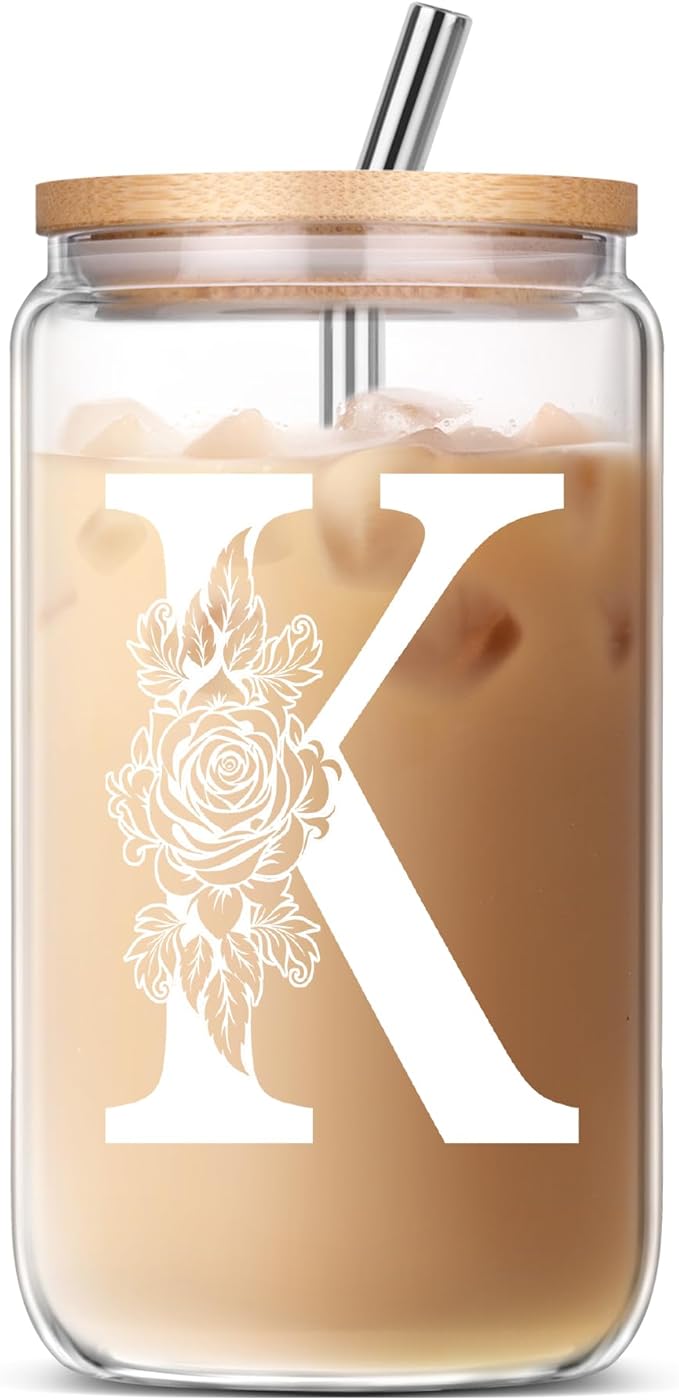 K Coffee Iced Cute Glass Cups with Lids and Straws - Personalized Monogrammed Gifts for Sister, Mom, Friend, Wife - Birthday, Christmas, Mother's Day, Thank You Gift Ideas 2024