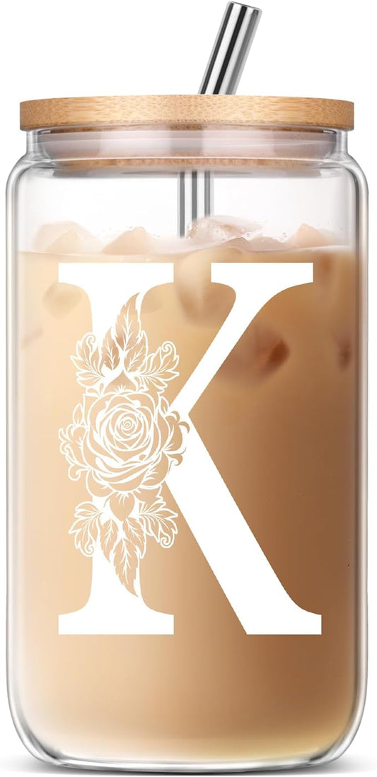 K Coffee Iced Cute Glass Cups with Lids and Straws - Personalized Monogrammed Gifts for Sister, Mom, Friend, Wife - Birthday, Christmas, Mother's Day, Thank You Gift Ideas 2024